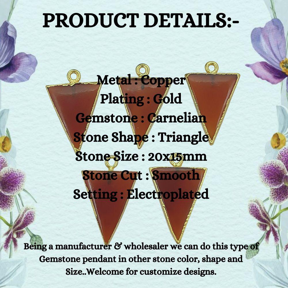 Gold Plated Carnelian Triangle Pendant Connector Smooth Polished Gemstone Charm for Jewelry Making- Selling Per Piece