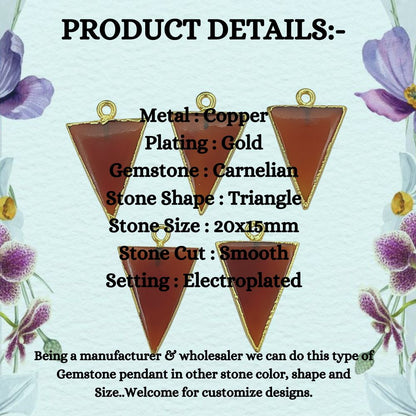 Gold Plated Carnelian Triangle Pendant Connector Smooth Polished Gemstone Charm for Jewelry Making- Selling Per Piece