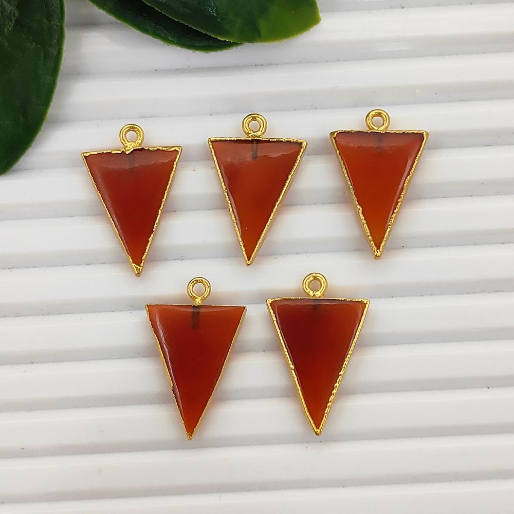 Gold Plated Carnelian Triangle Pendant Connector Smooth Polished Gemstone Charm for Jewelry Making- Selling Per Piece