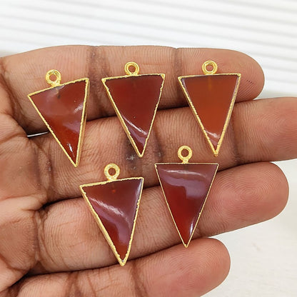 Gold Plated Carnelian Triangle Pendant Connector Smooth Polished Gemstone Charm for Jewelry Making- Selling Per Piece