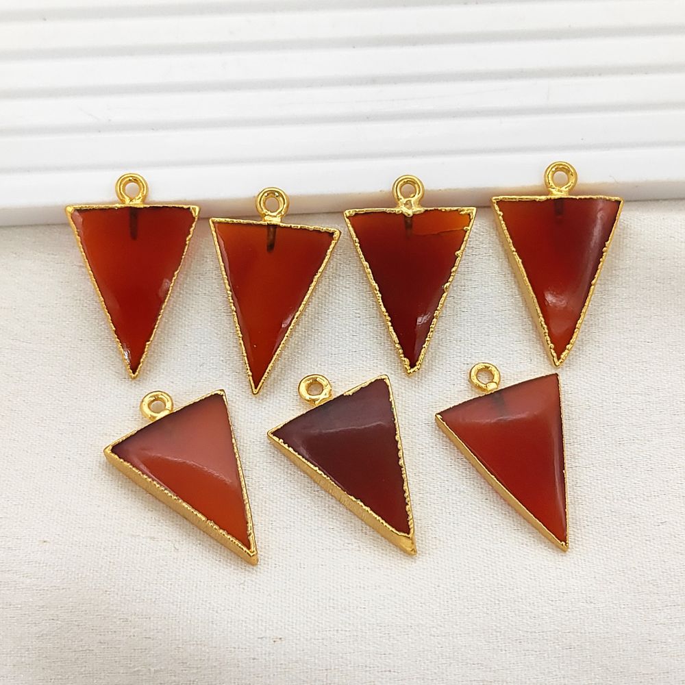 Gold Plated Carnelian Triangle Pendant Connector Smooth Polished Gemstone Charm for Jewelry Making- Selling Per Piece