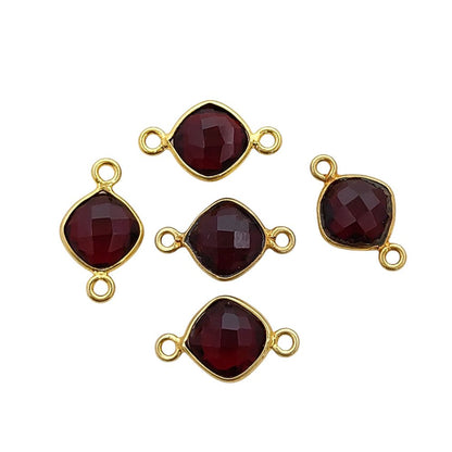 Gold Plated Cushion Cut Garnet Connector 8mm Dual Loop Faceted Gemstone Link for DIY Jewelry Projects- Selling Per Piece