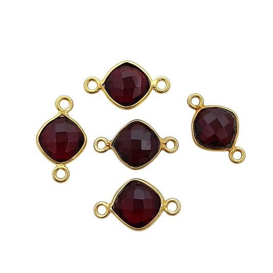 Gold Plated Cushion Cut Garnet Connector 8mm Dual Loop Faceted Gemstone Link for DIY Jewelry Projects- Selling Per Piece