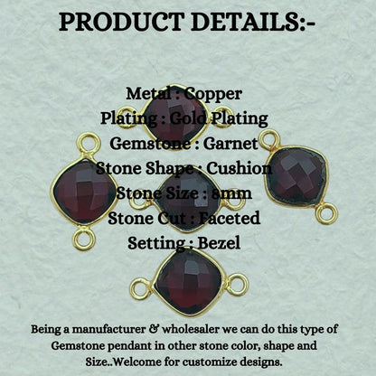 Gold Plated Cushion Cut Garnet Connector 8mm Dual Loop Faceted Gemstone Link for DIY Jewelry Projects- Selling Per Piece