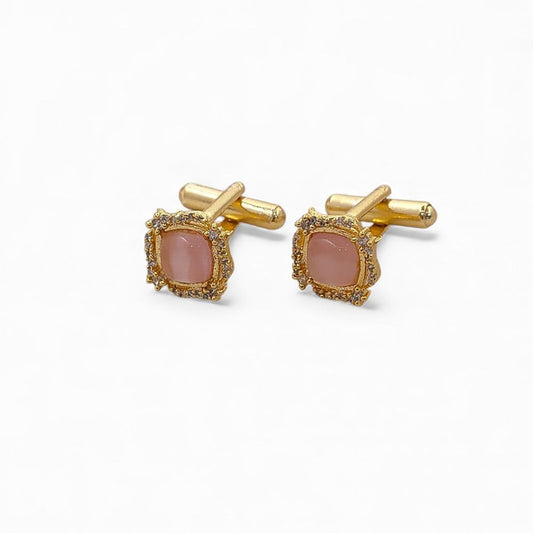 Gold Plated Cushion Cut Pink Rose Quartz Cufflinks for Men Handmade Formal Accessories for Weddings, Corporate Events & Office Parties – Selling Per Pair