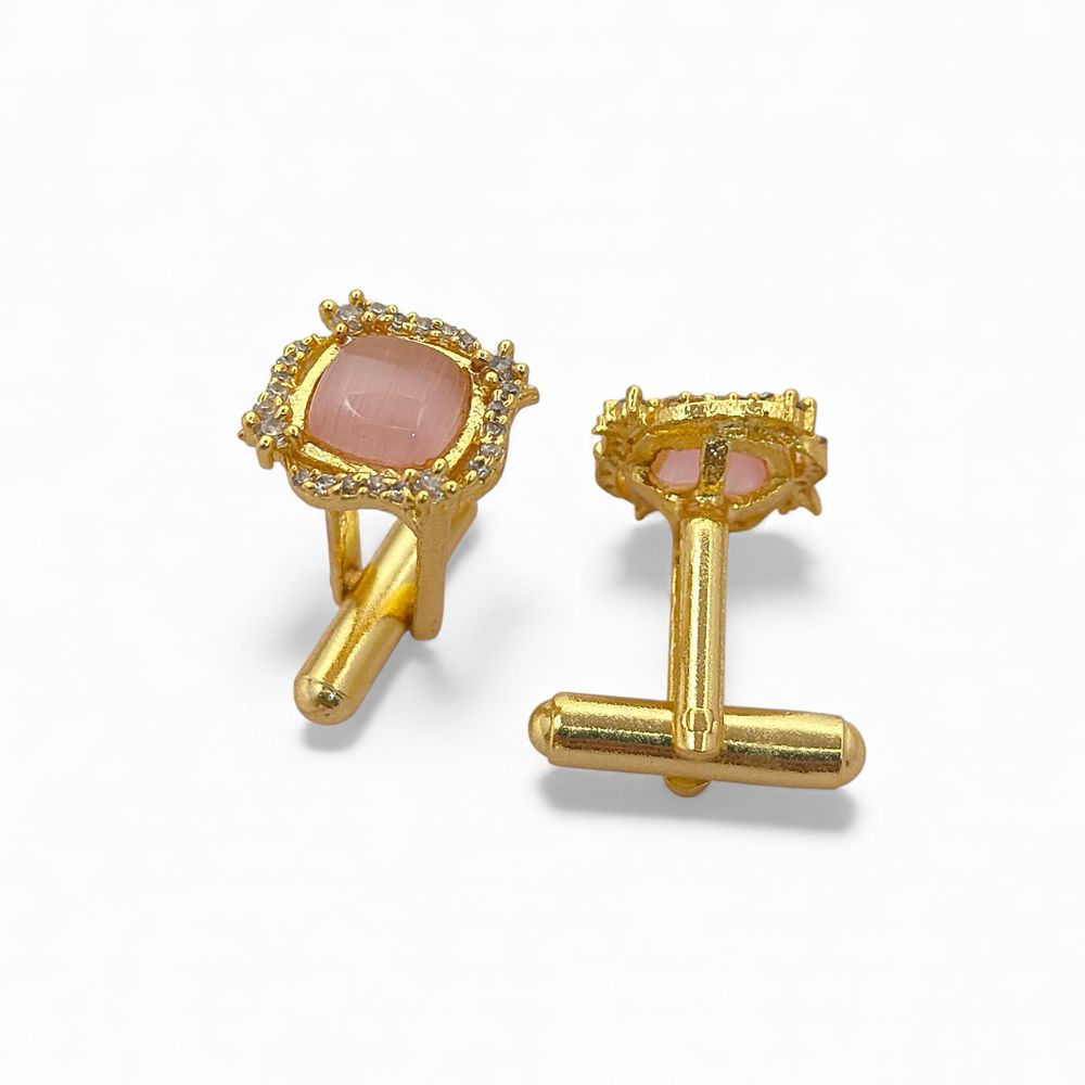 Gold Plated Cushion Cut Pink Rose Quartz Cufflinks for Men Handmade Formal Accessories for Weddings, Corporate Events & Office Parties – Selling Per Pair