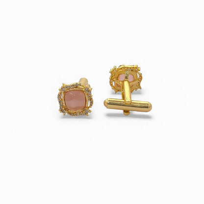 Gold Plated Cushion Cut Pink Rose Quartz Cufflinks for Men Handmade Formal Accessories for Weddings, Corporate Events & Office Parties – Selling Per Pair