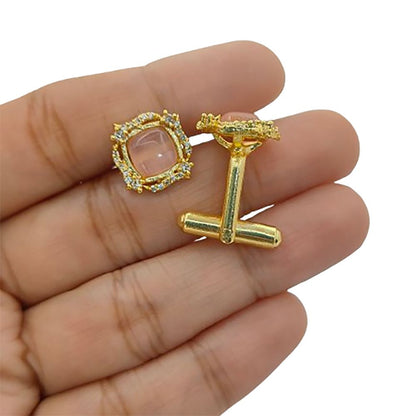 Gold Plated Cushion Cut Pink Rose Quartz Cufflinks for Men Handmade Formal Accessories for Weddings, Corporate Events & Office Parties – Selling Per Pair
