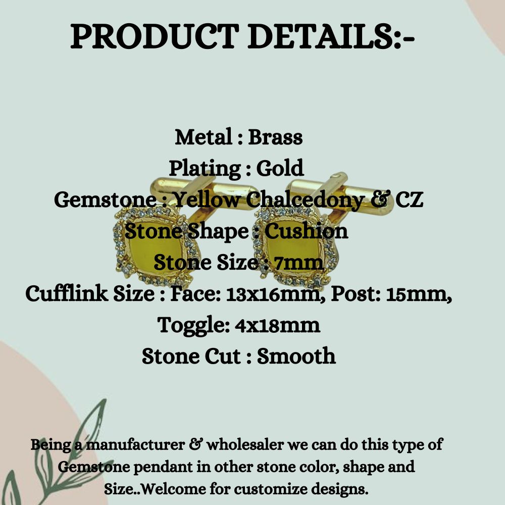 Gold Plated Cushion Cut Yellow Chalcedony Cufflinks for Men Handmade Formal Accessories for Weddings, Office, & Special Occasions – Selling Per Pair