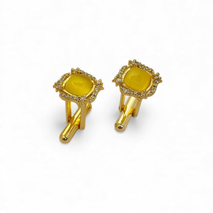 Gold Plated Cushion Cut Yellow Chalcedony Cufflinks for Men Handmade Formal Accessories for Weddings, Office, & Special Occasions – Selling Per Pair