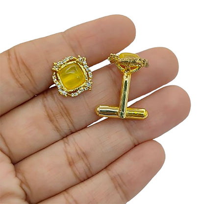 Gold Plated Cushion Cut Yellow Chalcedony Cufflinks for Men Handmade Formal Accessories for Weddings, Office, & Special Occasions – Selling Per Pair