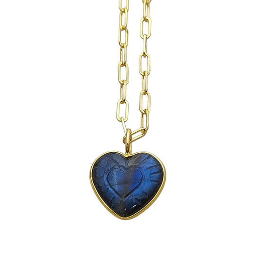 Gold Plated Labradorite Heart Necklace Iridescent Hand-Carved Gemstone Pendant Unique Jewelry Gift- Selling Per Piece
