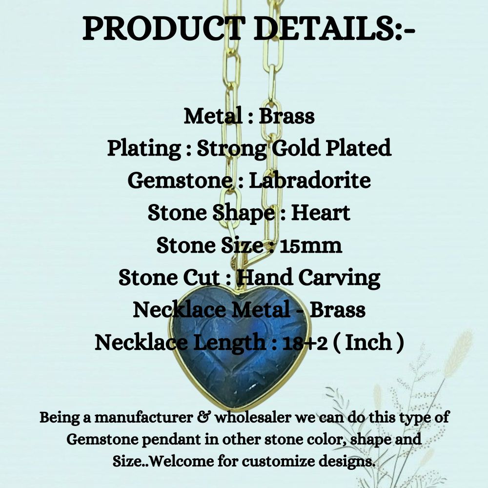 Gold Plated Labradorite Heart Necklace Iridescent Hand-Carved Gemstone Pendant Unique Jewelry Gift- Selling Per Piece
