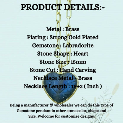 Gold Plated Labradorite Heart Necklace Iridescent Hand-Carved Gemstone Pendant Unique Jewelry Gift- Selling Per Piece