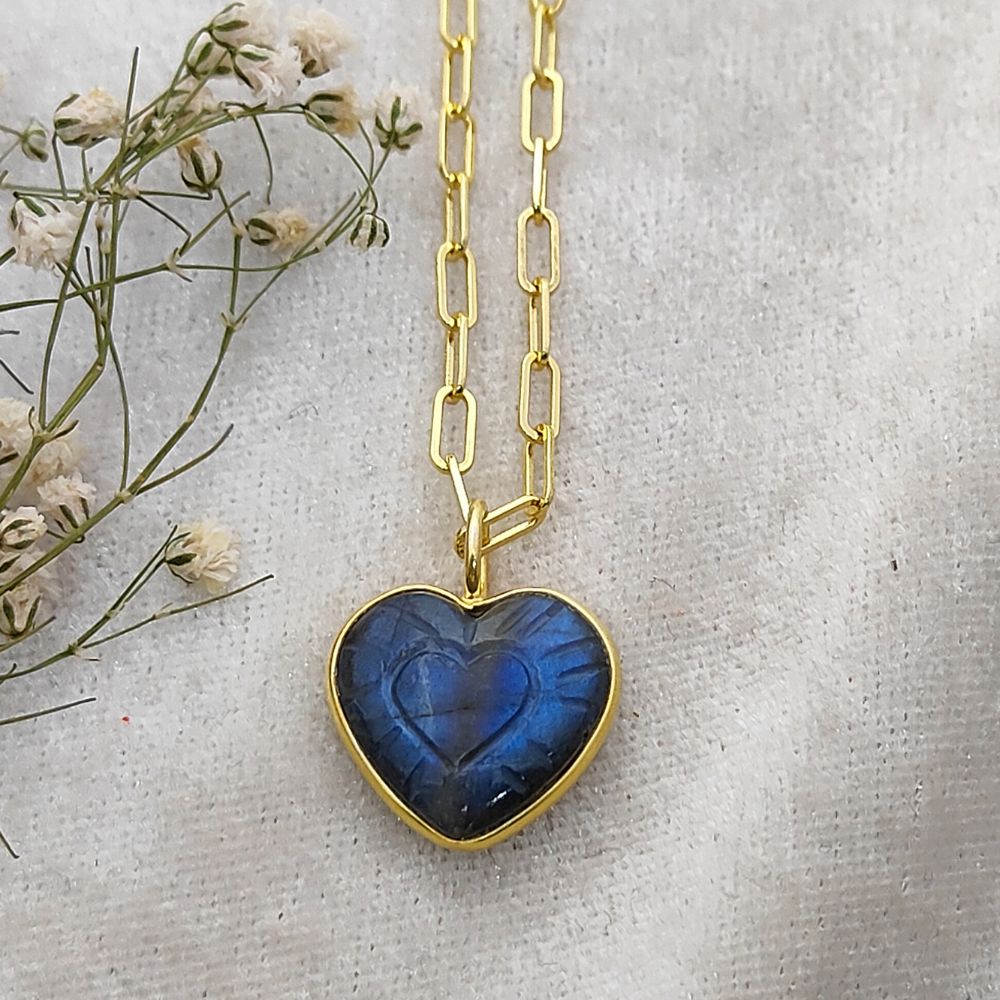 Gold Plated Labradorite Heart Necklace Iridescent Hand-Carved Gemstone Pendant Unique Jewelry Gift- Selling Per Piece