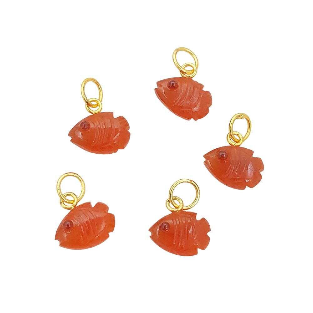 Hand-Carved Carnelian Fish Pendant with Gold Plating