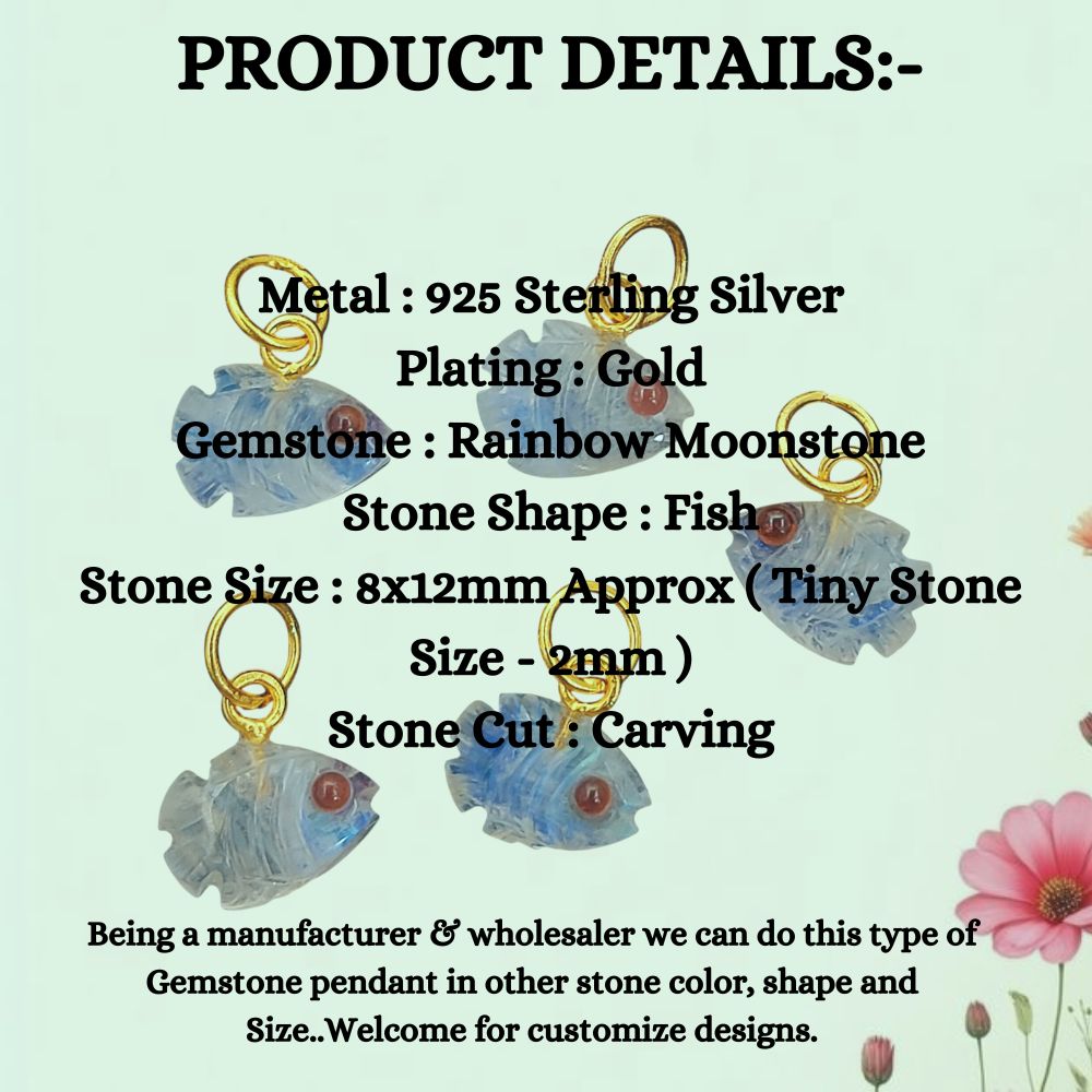 Hand-Carved Rainbow Moonstone Fish Pendant with Gold Plating