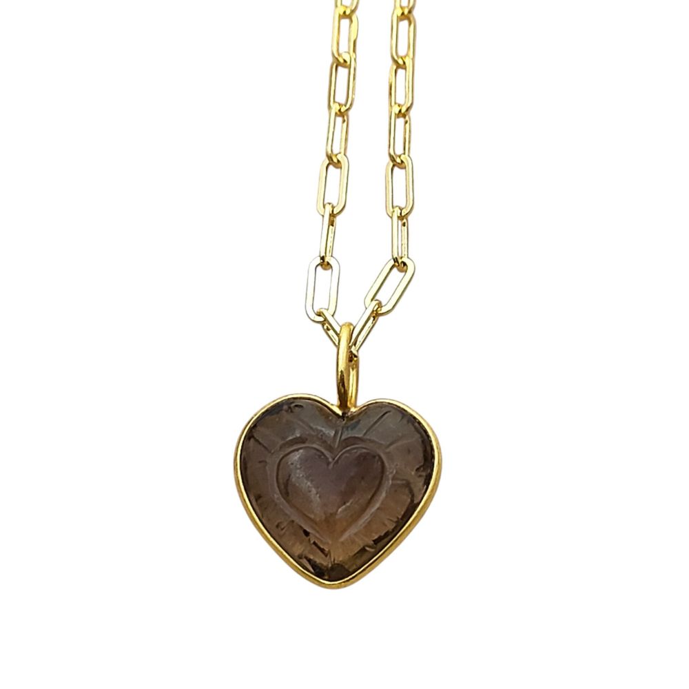 Hand-Carved Heart Gemstone Pendant Necklace with Gold Plated Paperclip Chain Dainty Handmade Jewelry- Selling Per Piece
