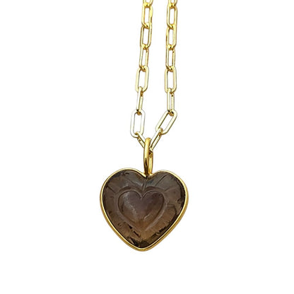 Hand-Carved Heart Gemstone Pendant Necklace with Gold Plated Paperclip Chain Dainty Handmade Jewelry- Selling Per Piece