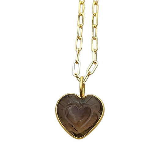 Gold Plated Necklace with Hand-Carved Smoky Quartz Heart Pendant Dainty and Stylish Jewelry Gift for Her- Selling Per Piece