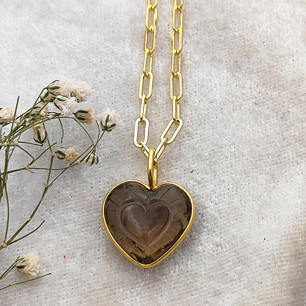 Gold Plated Necklace with Hand-Carved Smoky Quartz Heart Pendant Dainty and Stylish Jewelry Gift for Her- Selling Per Piece