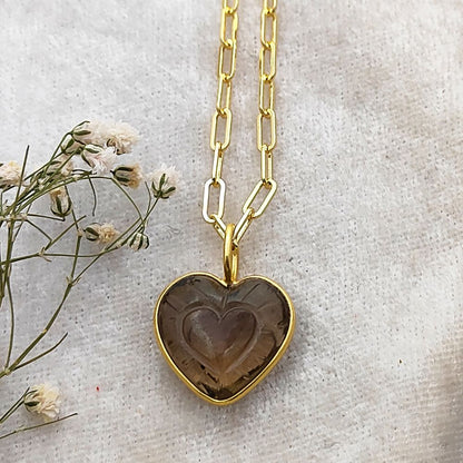 Gold Plated Necklace with Hand-Carved Smoky Quartz Heart Pendant Dainty and Stylish Jewelry Gift for Her- Selling Per Piece