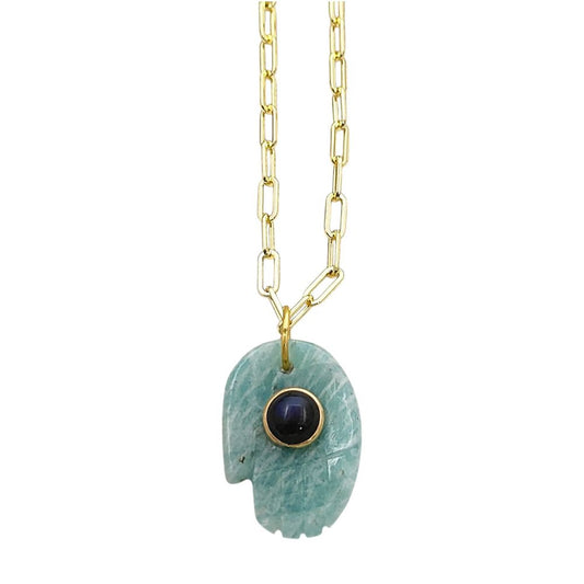 Gold Plated Paperclip Chain Necklace with Hamsa Hand Amazonite Gemstone Pendant Unique Boho Jewelry Gift- Selling Per Piece