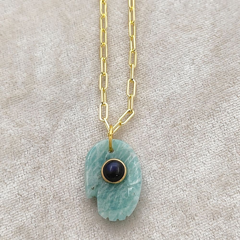 Gold Plated Paperclip Chain Necklace with Hamsa Hand Amazonite Gemstone Pendant Unique Boho Jewelry Gift- Selling Per Piece
