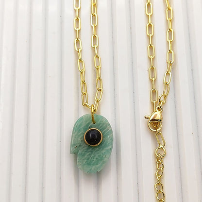 Gold Plated Paperclip Chain Necklace with Hamsa Hand Amazonite Gemstone Pendant Unique Boho Jewelry Gift- Selling Per Piece
