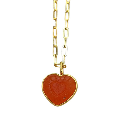 Gold Plated Paperclip Chain Necklace with Hand-Carved Carnelian Heart Gemstone Jewelry Gift- Selling Per Piece