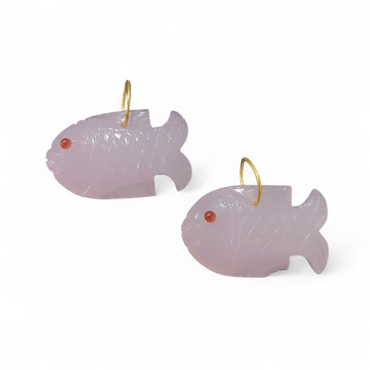 Gold Plated Pink Chalcedony Fish Gemstone Pendant Handmade Carved Crystal Charm for Craft Jewelry Projects- Selling Per Piece