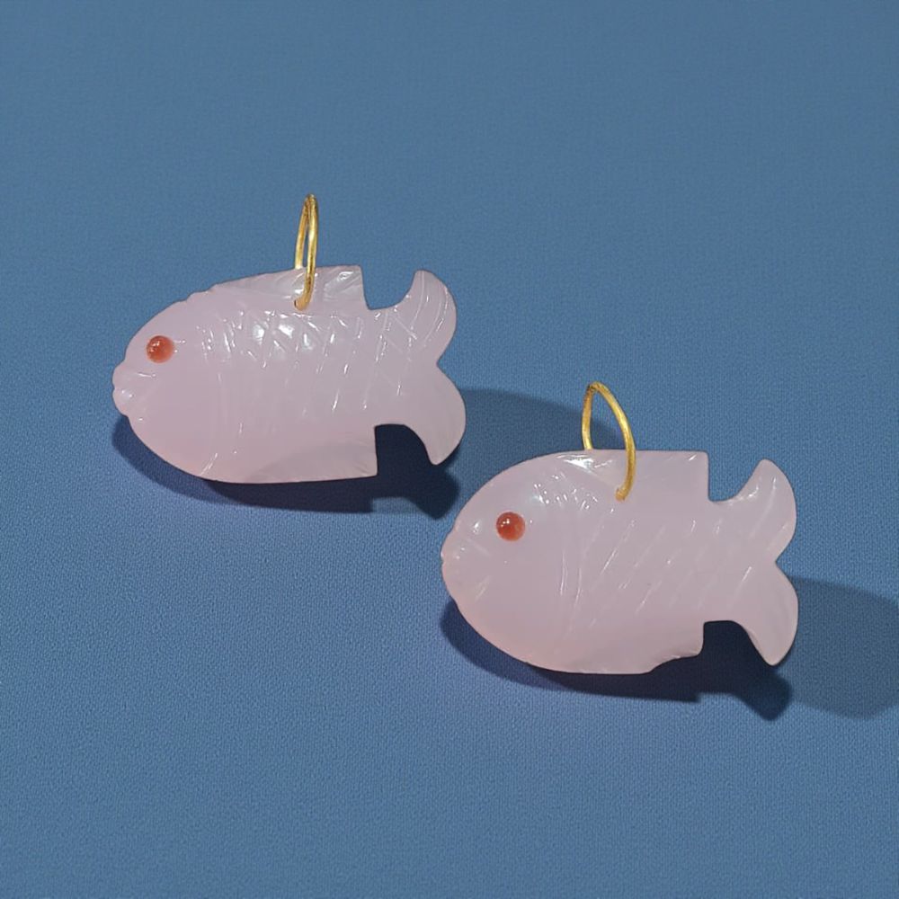 Gold Plated Pink Chalcedony Fish Gemstone Pendant Handmade Carved Crystal Charm for Craft Jewelry Projects- Selling Per Piece