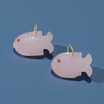 Gold Plated Pink Chalcedony Fish Gemstone Pendant Handmade Carved Crystal Charm for Craft Jewelry Projects- Selling Per Piece