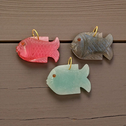 Gold Plated Pink Chalcedony Fish Gemstone Pendant Handmade Carved Crystal Charm for Craft Jewelry Projects- Selling Per Piece