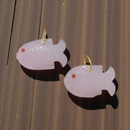 Gold Plated Pink Chalcedony Fish Gemstone Pendant Handmade Carved Crystal Charm for Craft Jewelry Projects- Selling Per Piece