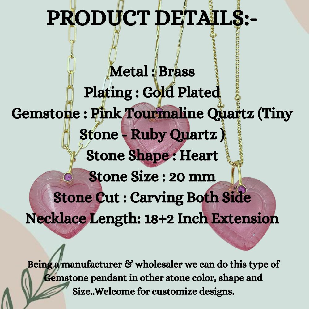 Gold Plated Pink Tourmaline Quartz Heart Necklace Hand Carved Gemstone Pendant with Fancy Pinch Bail Minimalist Layering Jewelry- Selling Per Piece