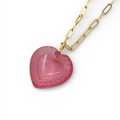 Gold Plated Pink Tourmaline Quartz Heart Necklace Hand Carved Gemstone Pendant with Fancy Pinch Bail Minimalist Layering Jewelry- Selling Per Piece
