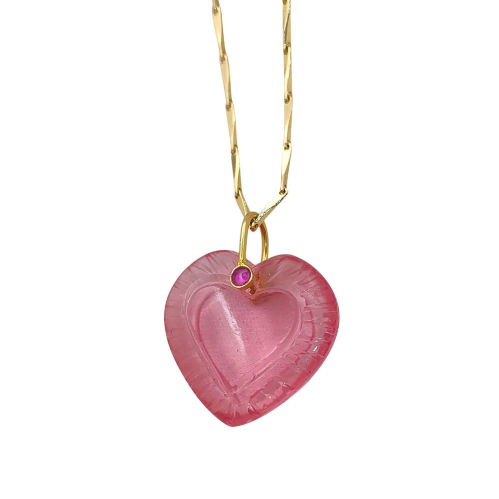 Gold Plated Pink Tourmaline Quartz Heart Necklace Hand Carved Gemstone Pendant with Fancy Pinch Bail Minimalist Layering Jewelry- Selling Per Piece