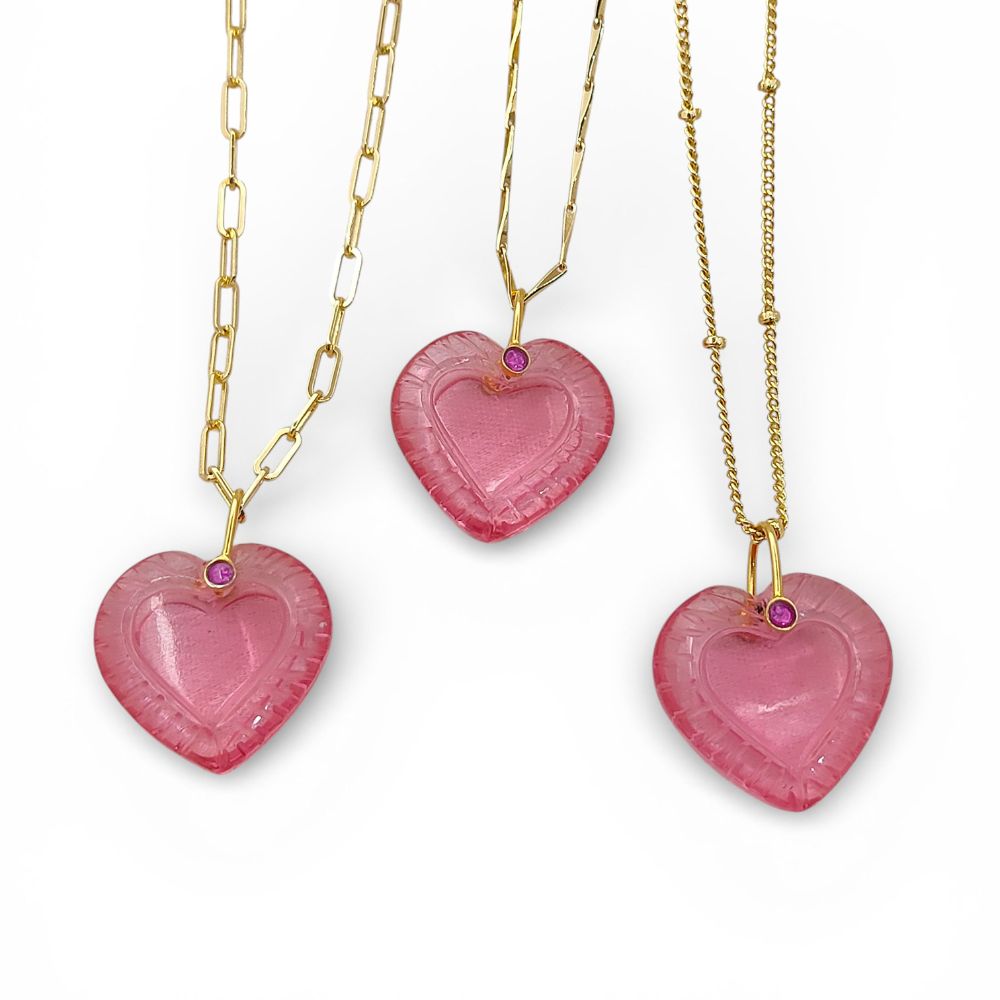Gold Plated Pink Tourmaline Quartz Heart Necklace Hand Carved Gemstone Pendant with Fancy Pinch Bail Minimalist Layering Jewelry- Selling Per Piece