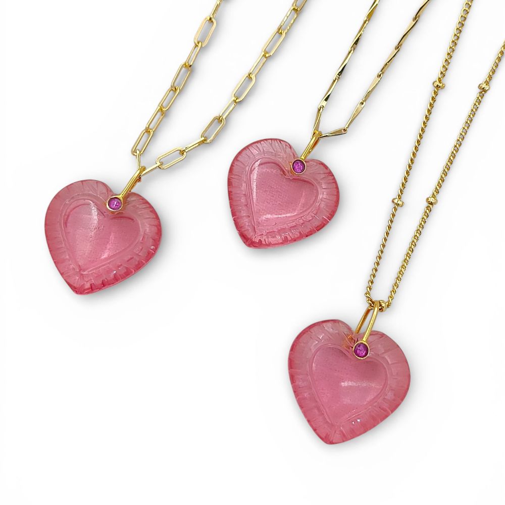 Gold Plated Pink Tourmaline Quartz Heart Necklace Hand Carved Gemstone Pendant with Fancy Pinch Bail Minimalist Layering Jewelry- Selling Per Piece