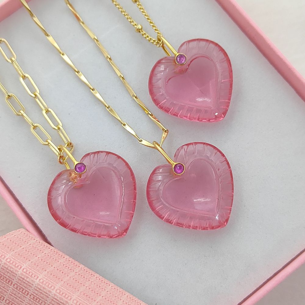 Gold Plated Pink Tourmaline Quartz Heart Necklace Hand Carved Gemstone Pendant with Fancy Pinch Bail Minimalist Layering Jewelry- Selling Per Piece