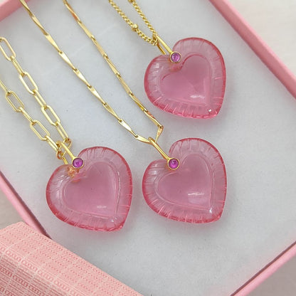 Gold Plated Pink Tourmaline Quartz Heart Necklace Hand Carved Gemstone Pendant with Fancy Pinch Bail Minimalist Layering Jewelry- Selling Per Piece