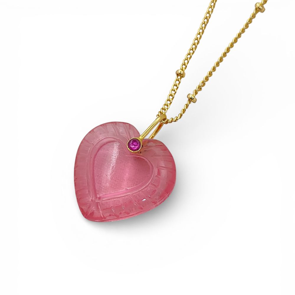Gold Plated Pink Tourmaline Quartz Heart Necklace Hand Carved Gemstone Pendant with Fancy Pinch Bail Minimalist Layering Jewelry- Selling Per Piece