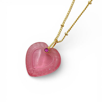 Gold Plated Pink Tourmaline Quartz Heart Necklace Hand Carved Gemstone Pendant with Fancy Pinch Bail Minimalist Layering Jewelry- Selling Per Piece