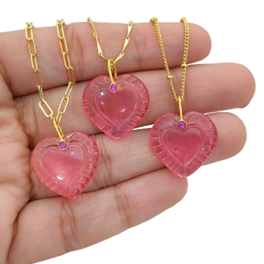 Gold Plated Pink Tourmaline Quartz Heart Necklace Hand Carved Gemstone Pendant with Fancy Pinch Bail Minimalist Layering Jewelry- Selling Per Piece