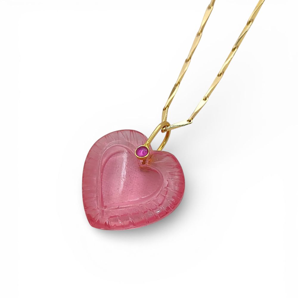 Gold Plated Pink Tourmaline Quartz Heart Necklace Hand Carved Gemstone Pendant with Fancy Pinch Bail Minimalist Layering Jewelry- Selling Per Piece