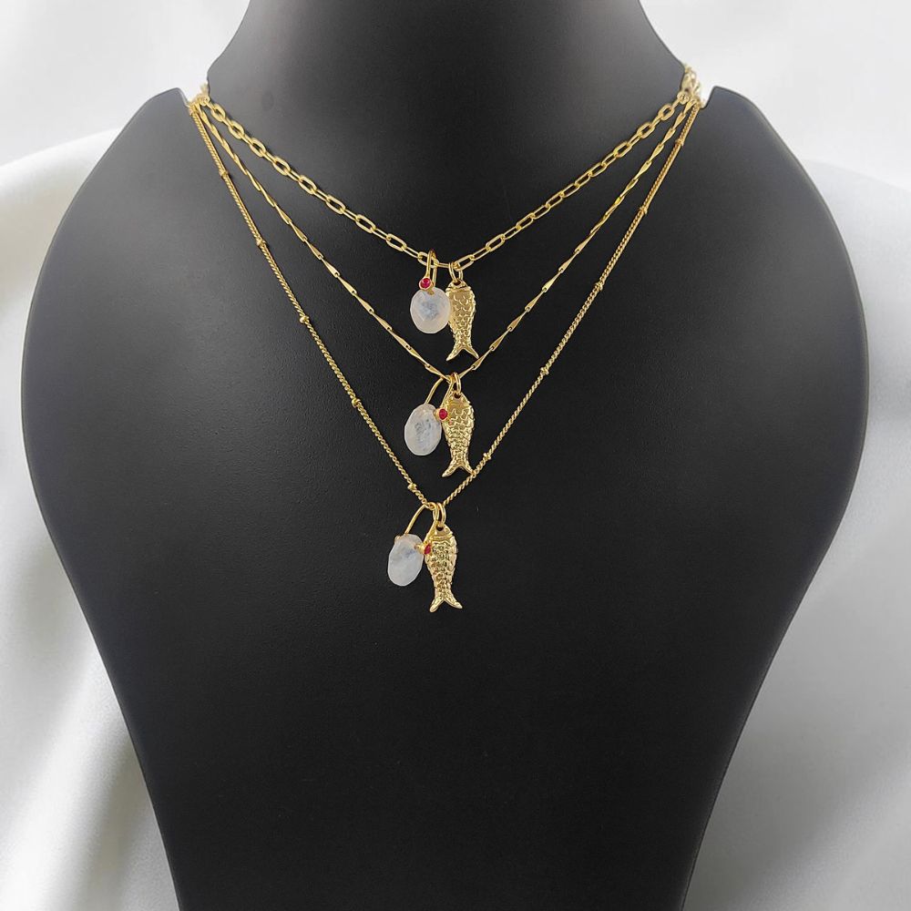 Gold Plated Rainbow Moonstone Fish Necklace, Tropical Beach Charm Pendant, Layered Ocean Inspired Jewelry for Women
