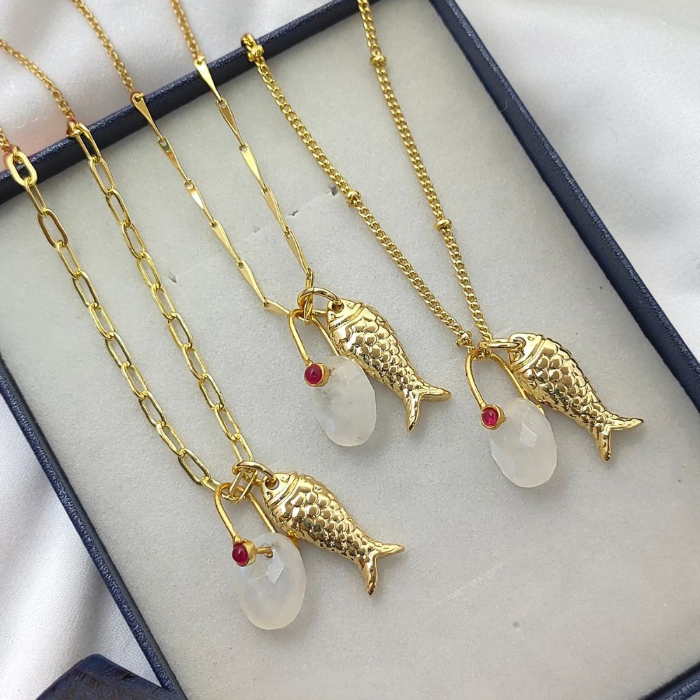 Gold Plated Rainbow Moonstone Fish Necklace, Tropical Beach Charm Pendant, Layered Ocean Inspired Jewelry for Women