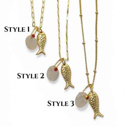Gold Plated Rainbow Moonstone Fish Necklace, Tropical Beach Charm Pendant, Layered Ocean Inspired Jewelry for Women