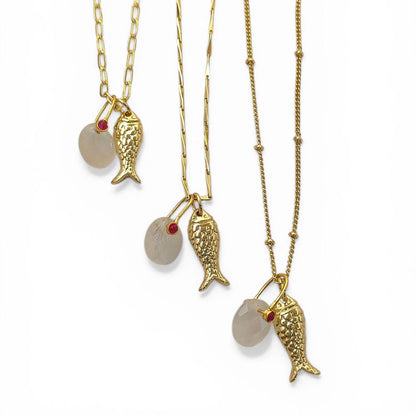 Gold Plated Rainbow Moonstone Fish Necklace, Tropical Beach Charm Pendant, Layered Ocean Inspired Jewelry for Women